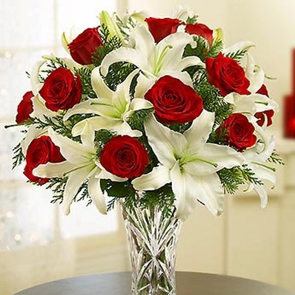 Image 1 of 1 of Arrangement of Red Roses and White Lilies in a Vase