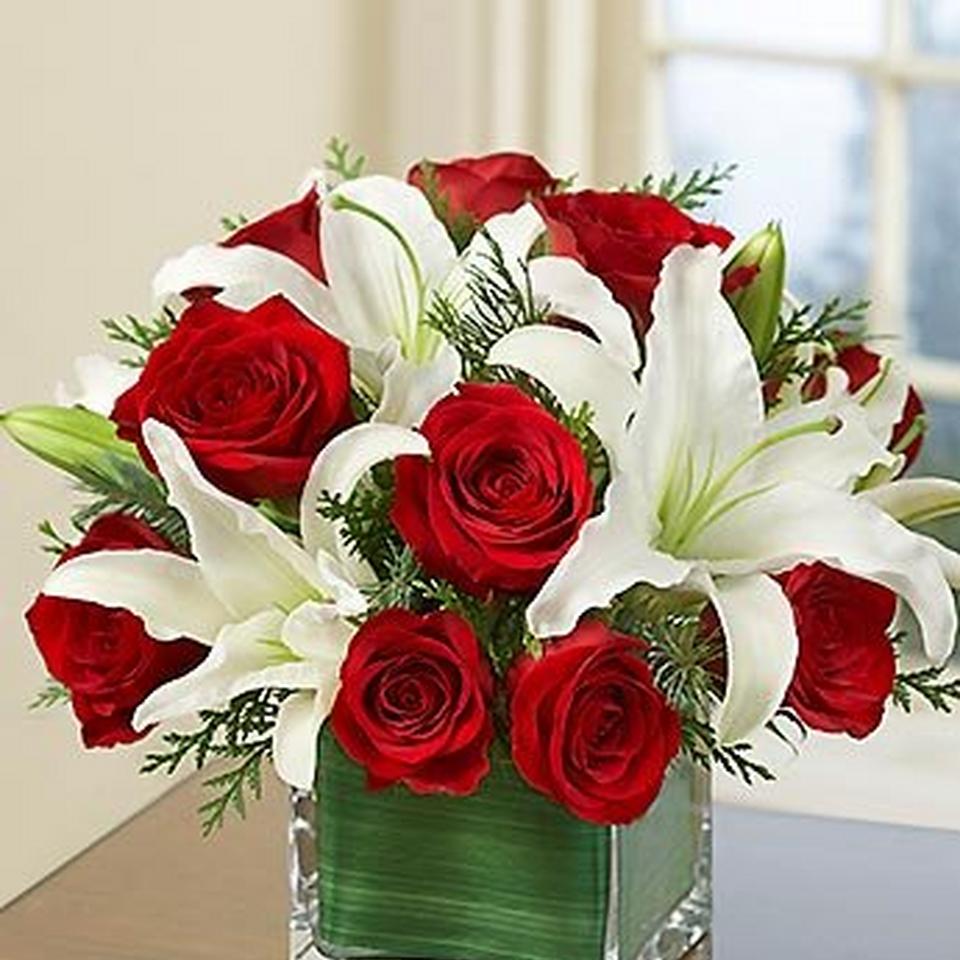Image 1 of 1 of Arrangement of Red Roses and White Liliums