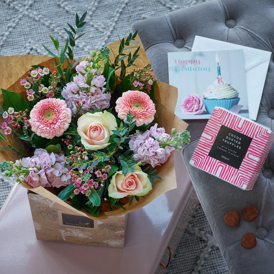 Happy Birthday hand-tied bouquet with chocolates and card