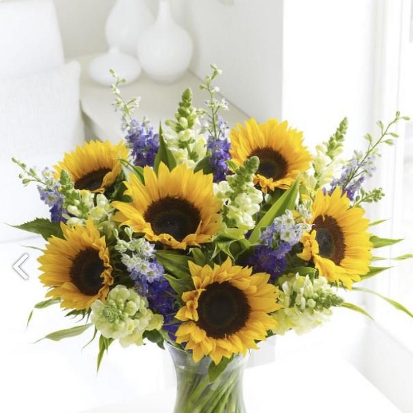 Delphiniums-sunflowers-bouquet-vase