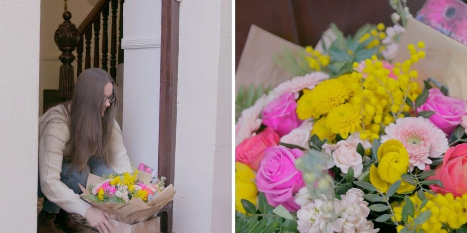 Jessica-receiving-flowers-international-womens-day-bright-flowers