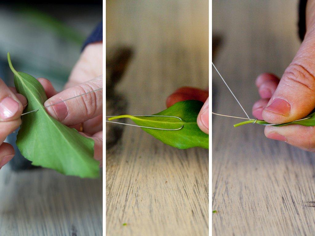 how-to-make-a-flower-crown-inserting-wire-into-leaf
