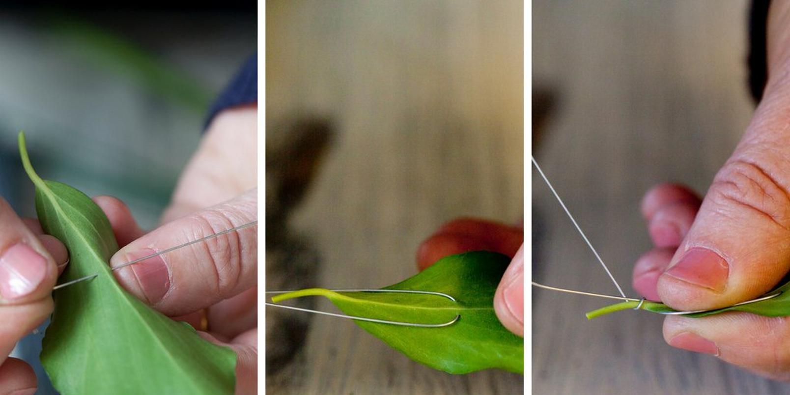 how-to-make-a-flower-crown-inserting-wire-into-leaf