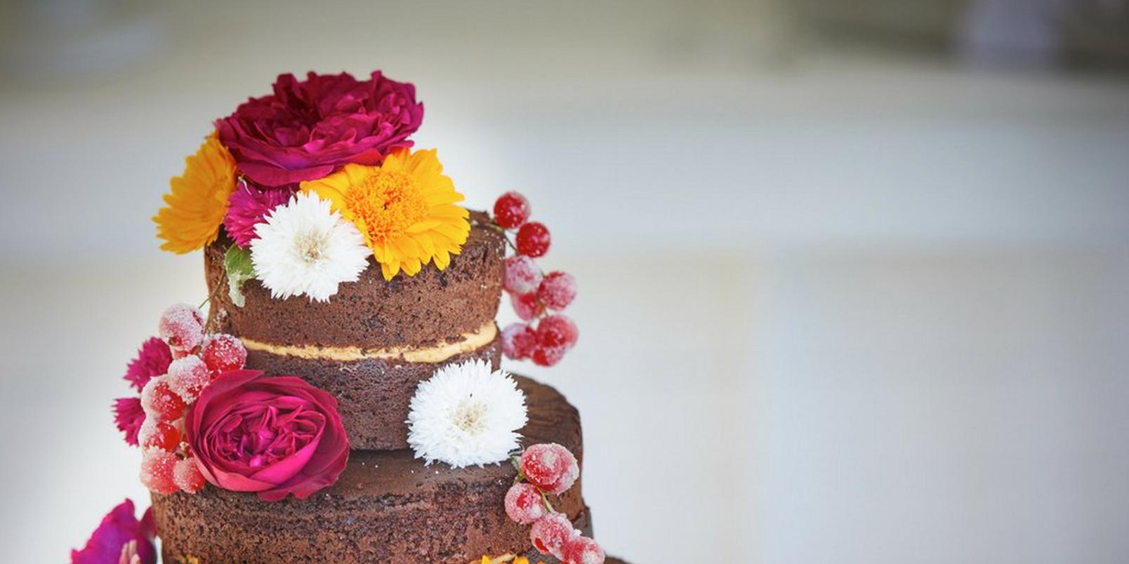 naked-chocolate-wedding-cake-edible-flowers-fruit