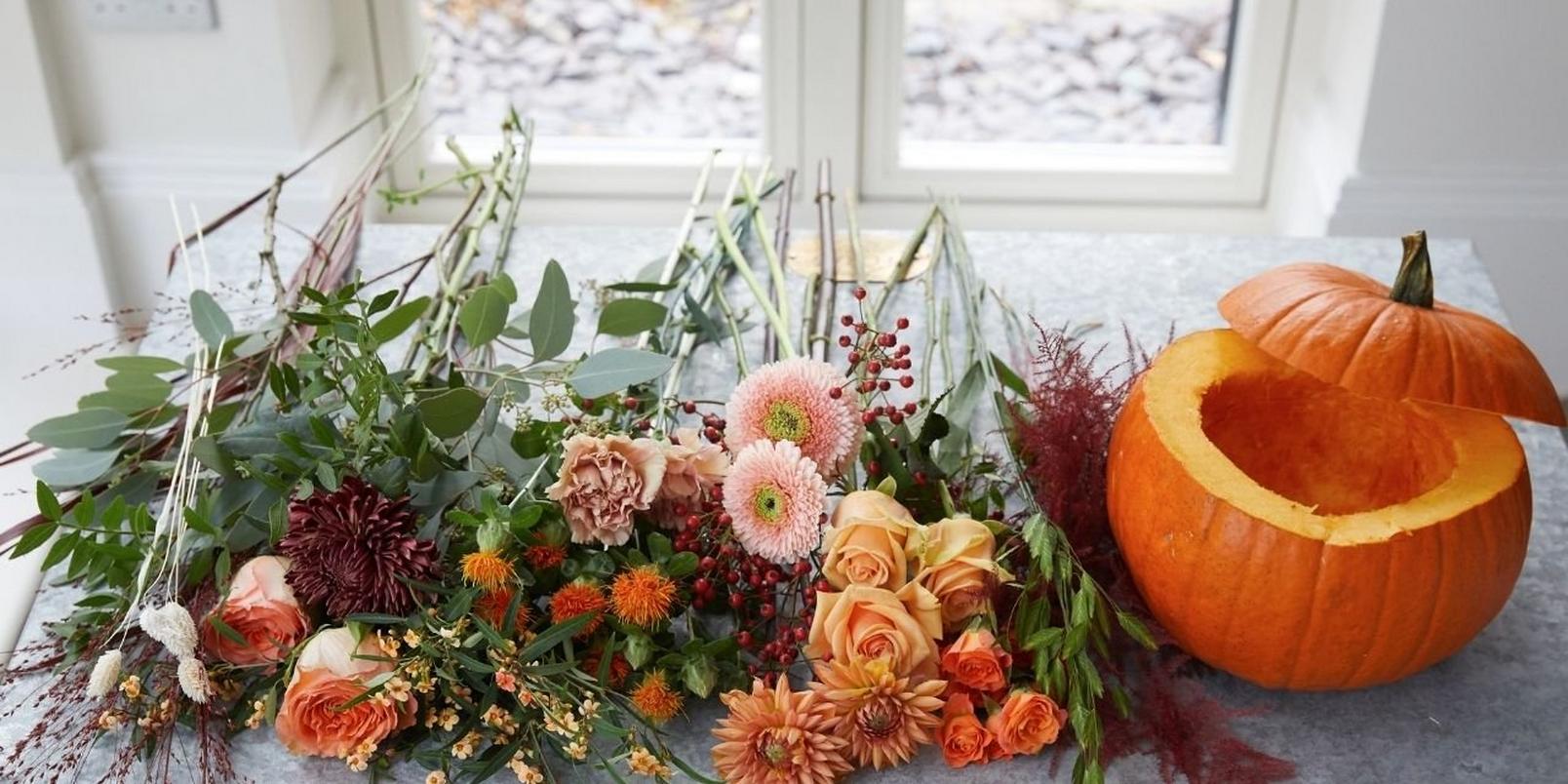 pumpkin-flower-arrangement-roses-chrysanthemums-germini